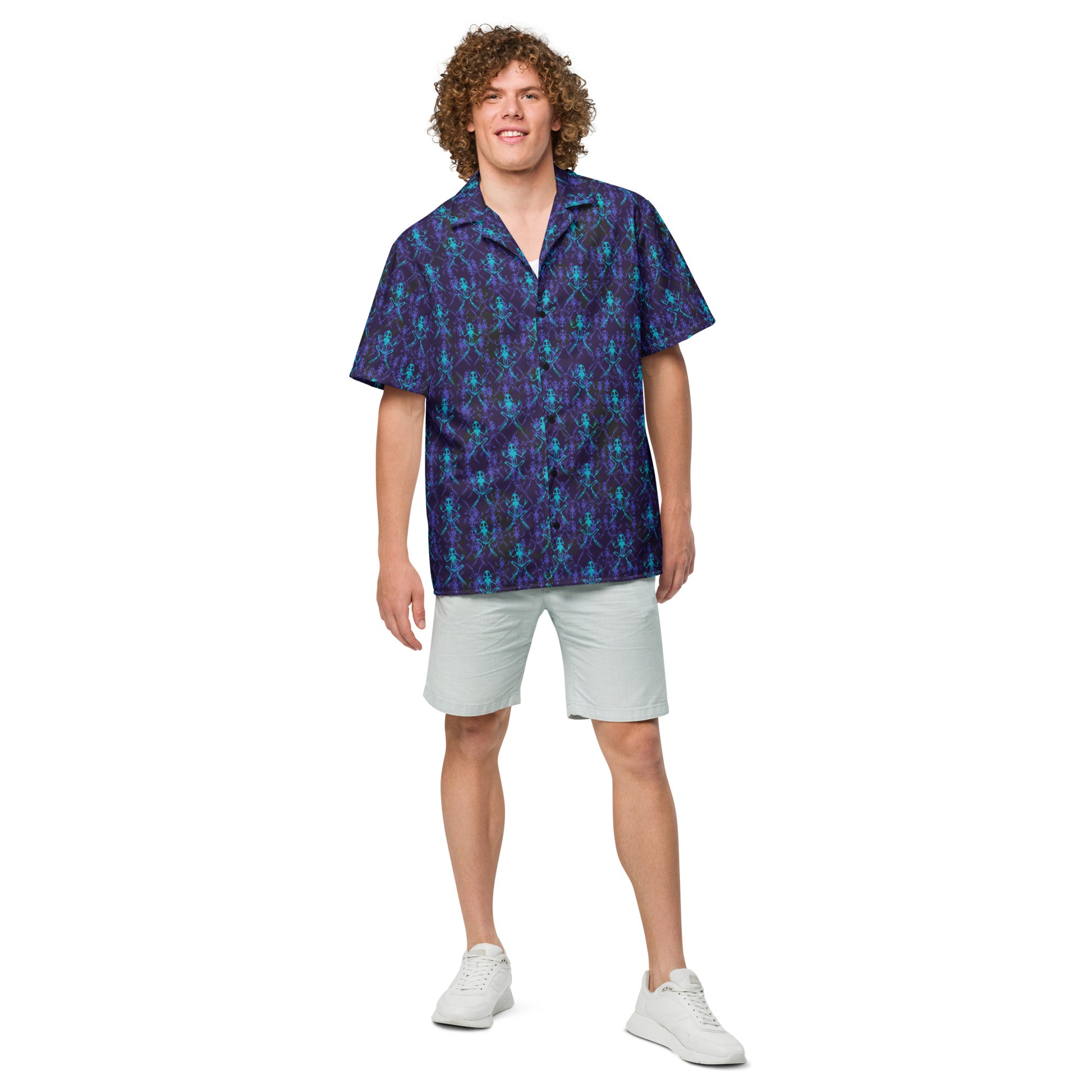 Male model wearing the Anura Zeta Button down shirt with purple black and turquoise frog bones from the front.