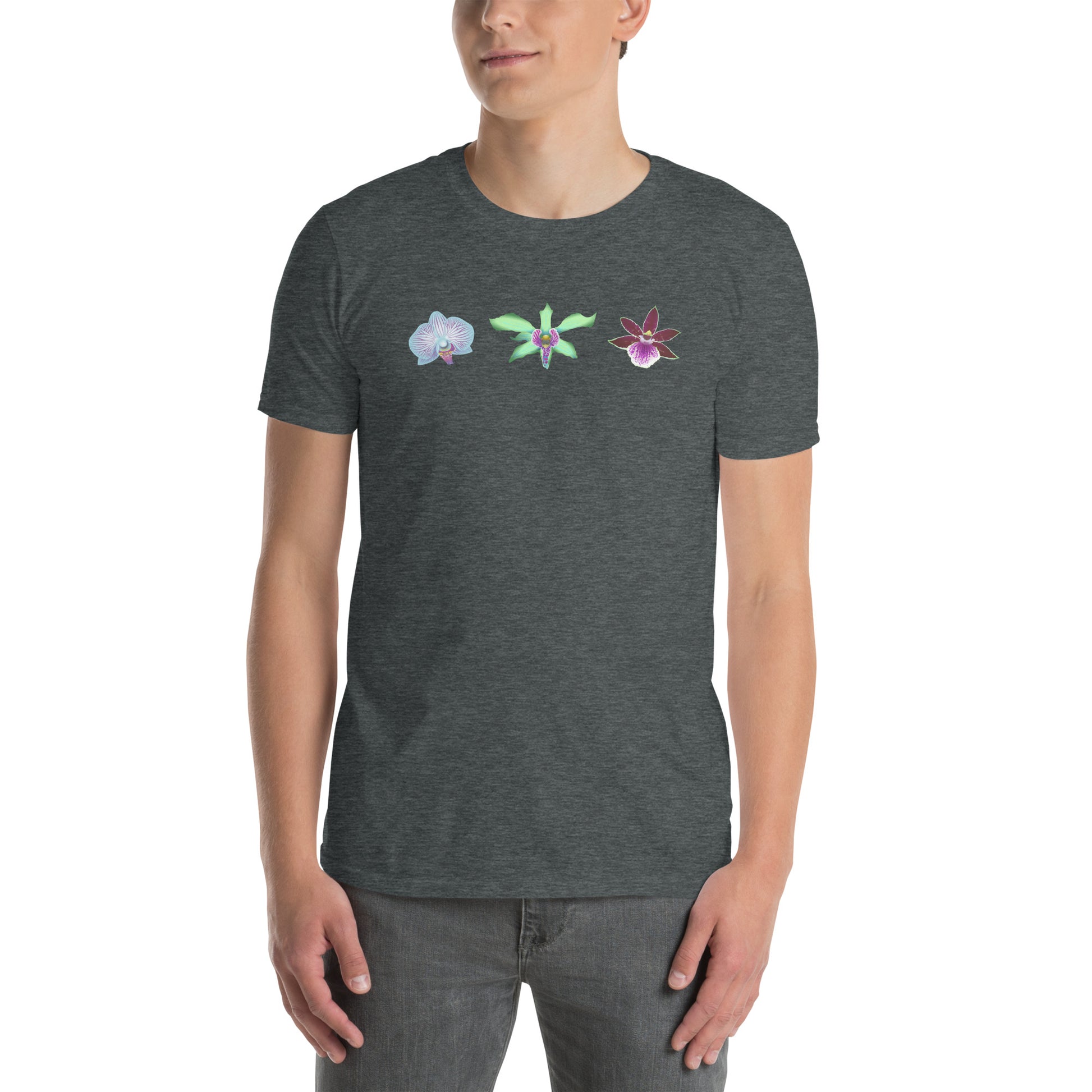 Male model wearing the Triple Orchid T-Shirt in dark heather from the front.