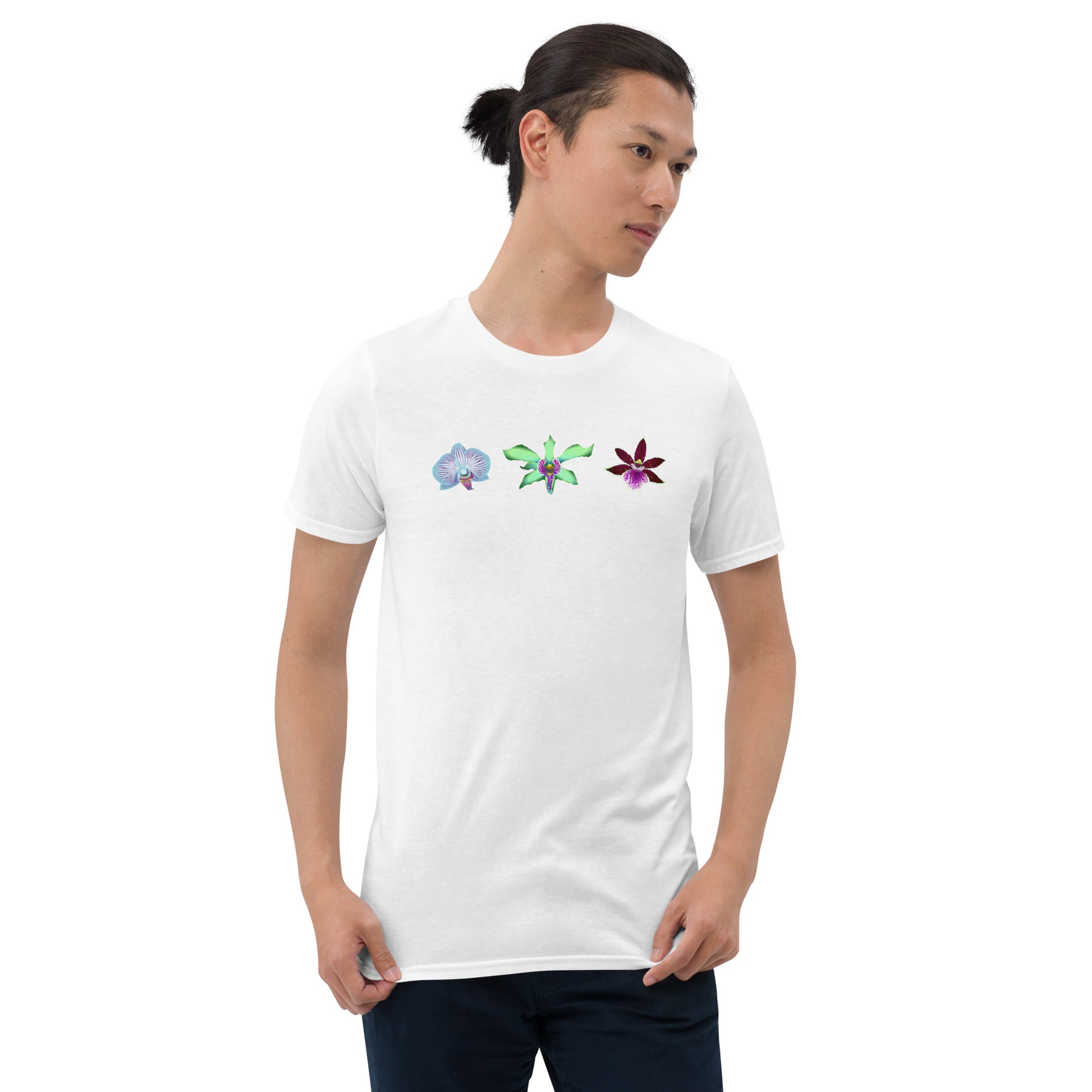 Male model wearing the Triple Orchid T-Shirt in white from the front.