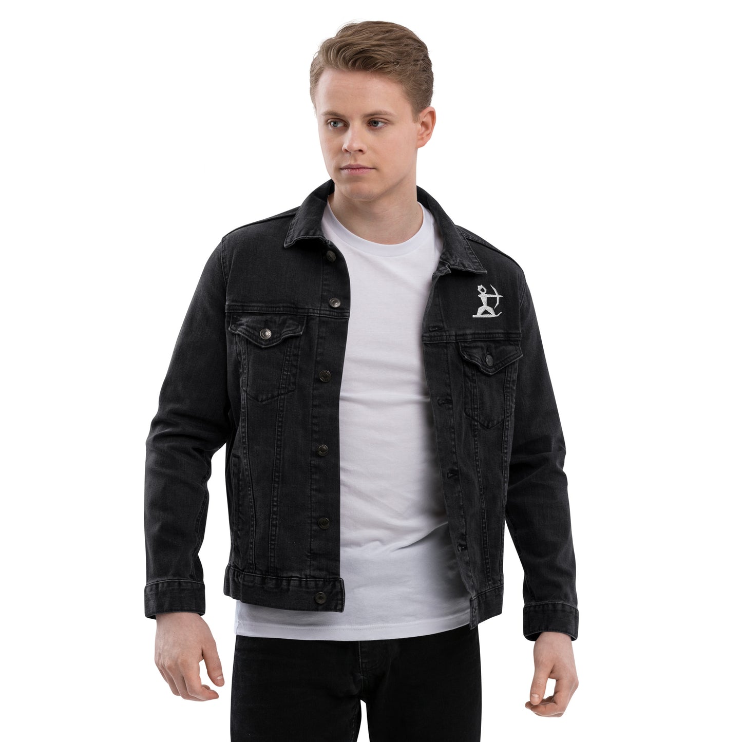 Model wearing House Ullr Unisex Denim Jacket from the front with arms out.