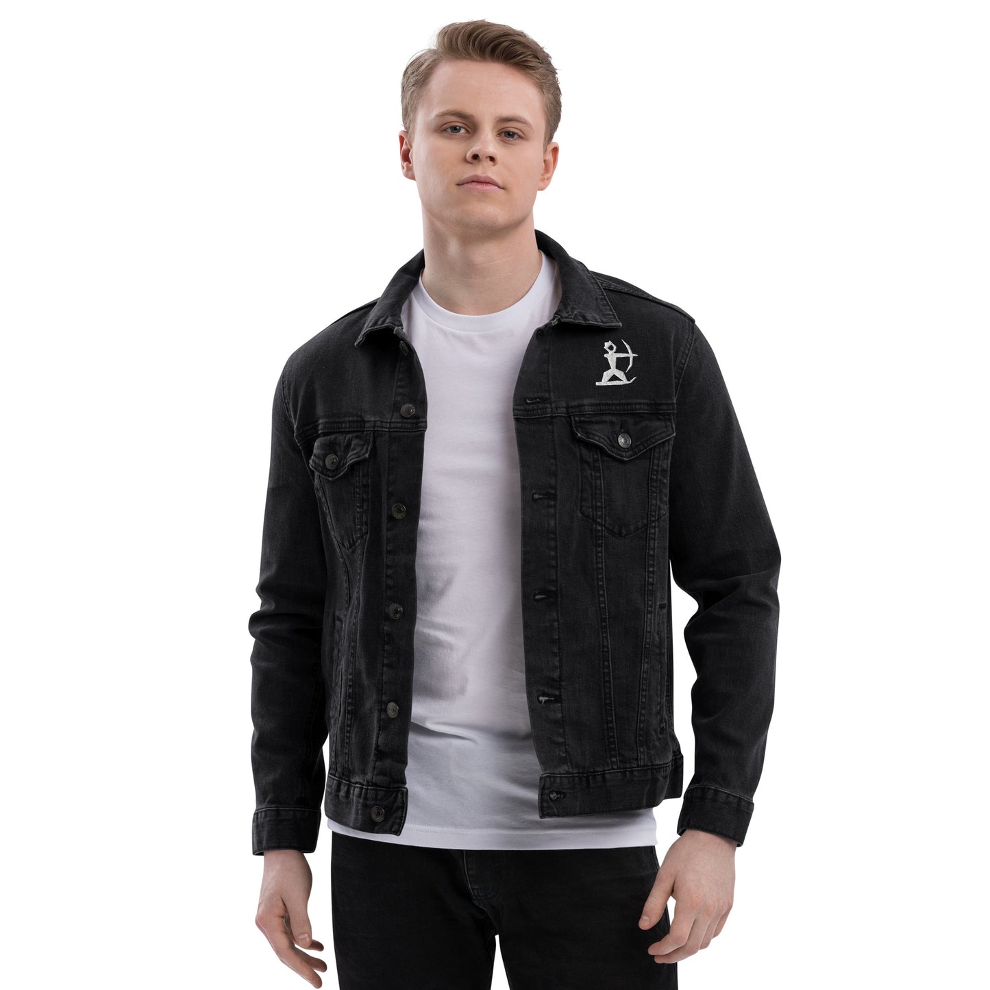 Model wearing House Ullr Unisex Denim Jacket from the front.