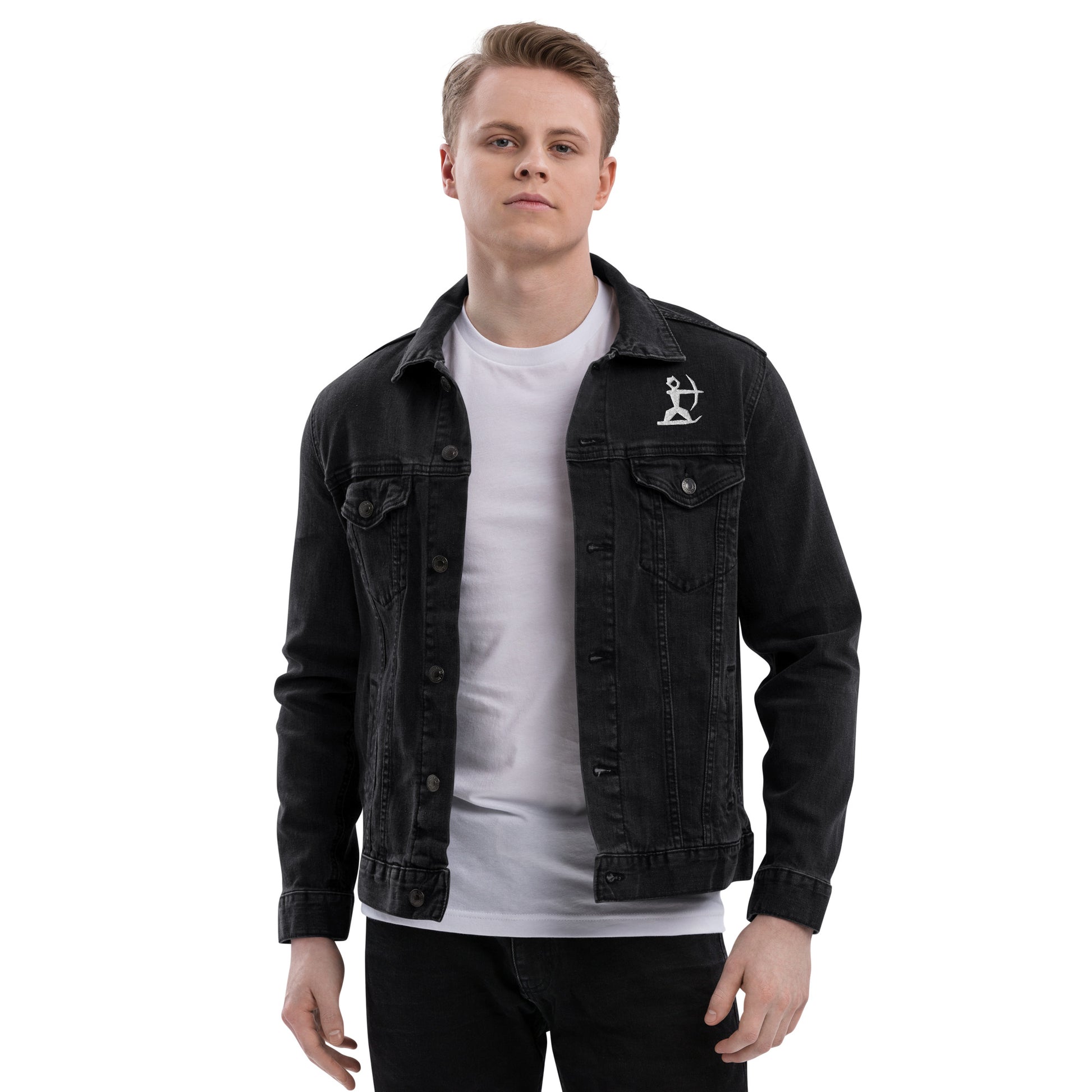 Model wearing House Ullr Unisex Denim Jacket from the front.