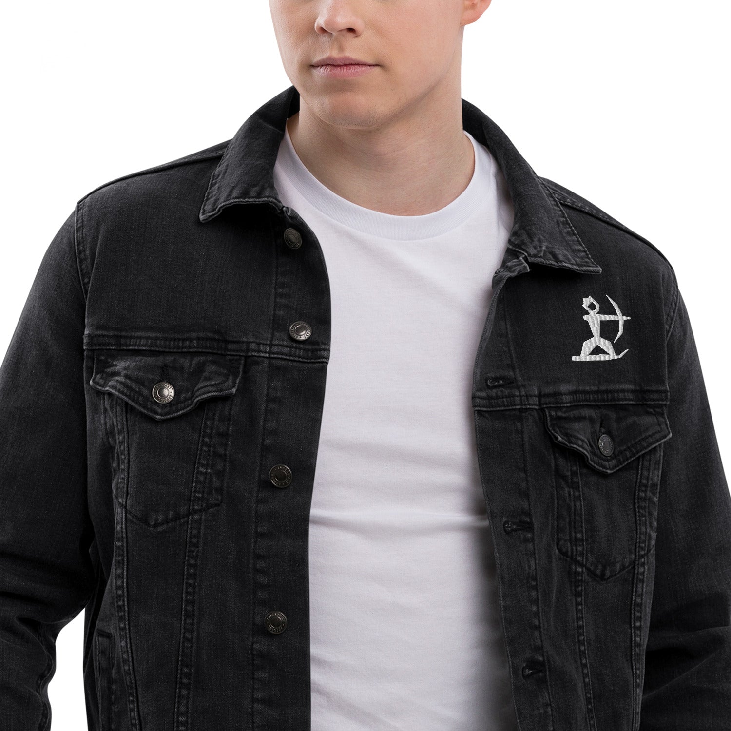 Close up of Model wearing House Ullr Unisex Denim Jacket from the front.