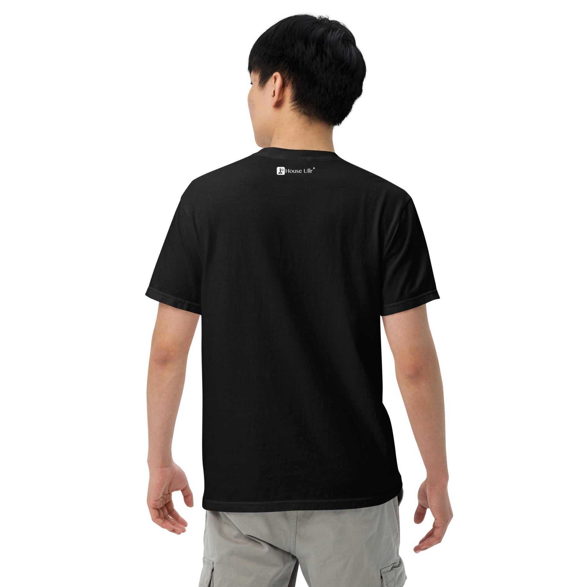 Man Modeling the House Ullr graphic in white on a black color t-shirt from the back.