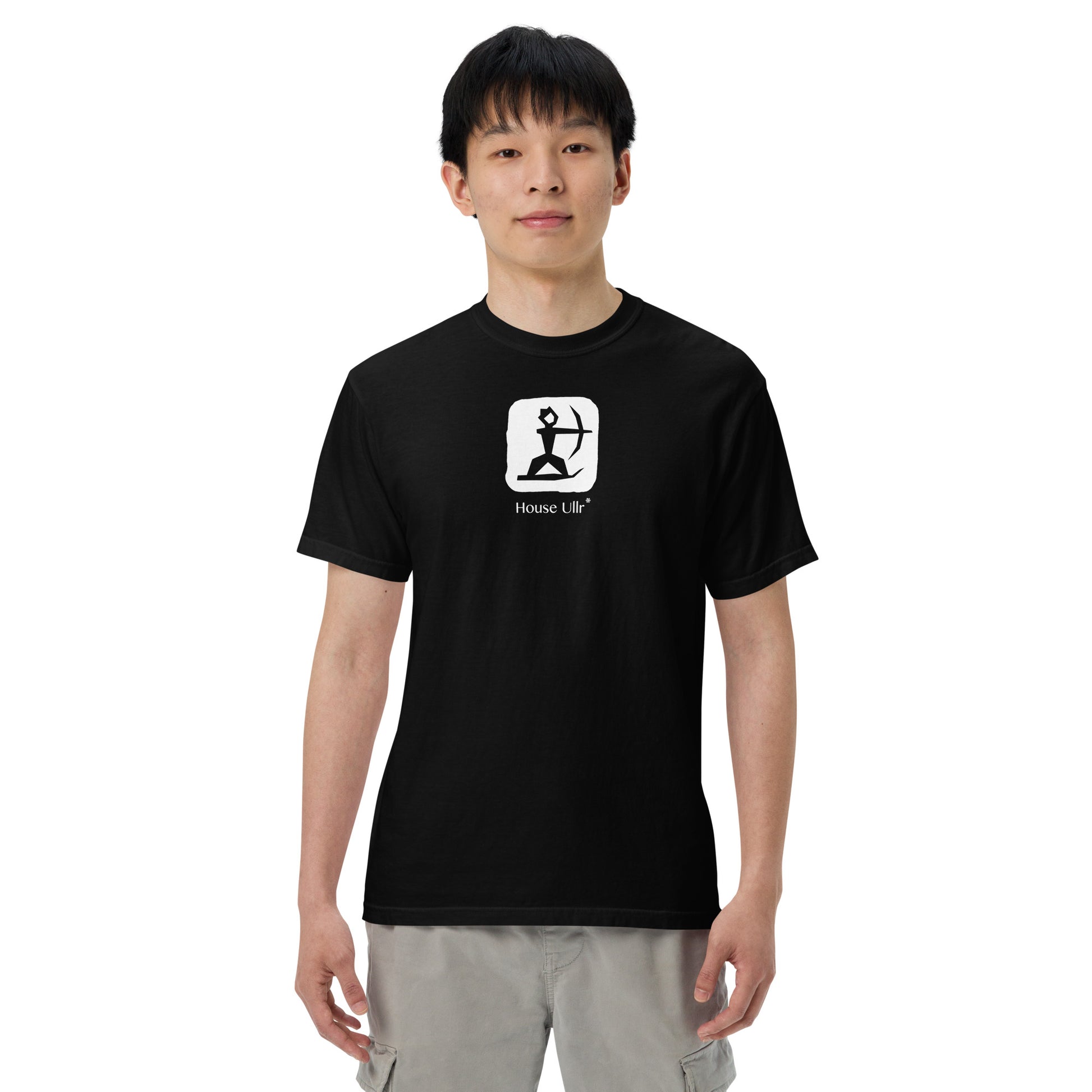 Man Modeling the House Ullr graphic in white on a black color t-shirt from the front.