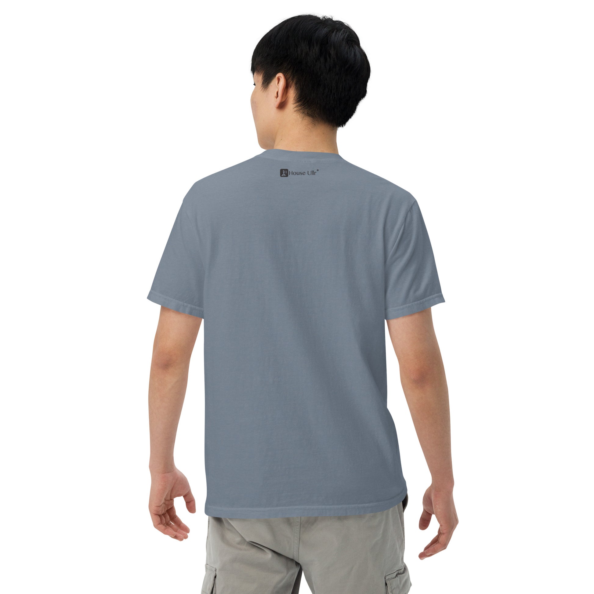 Man modeling the Key West Cannabis Company Brand T-shirt in Ice Blue from the back showing House Ullr Brand at the top.