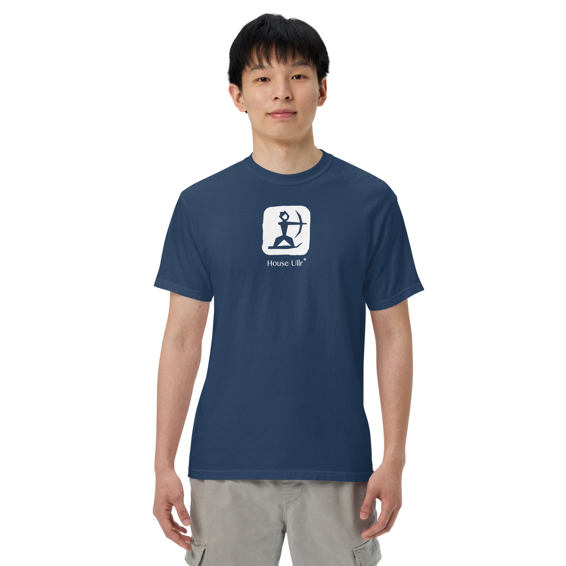 Man Modeling the House Ullr graphic in white on a true-navy color t-shirt from the front.
