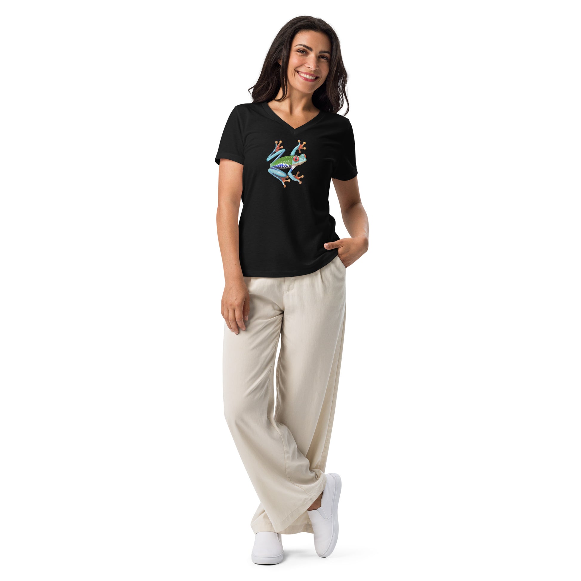 Female model wearing the v-neck anura Sigma womens relaxed t-shirt in black from the front.