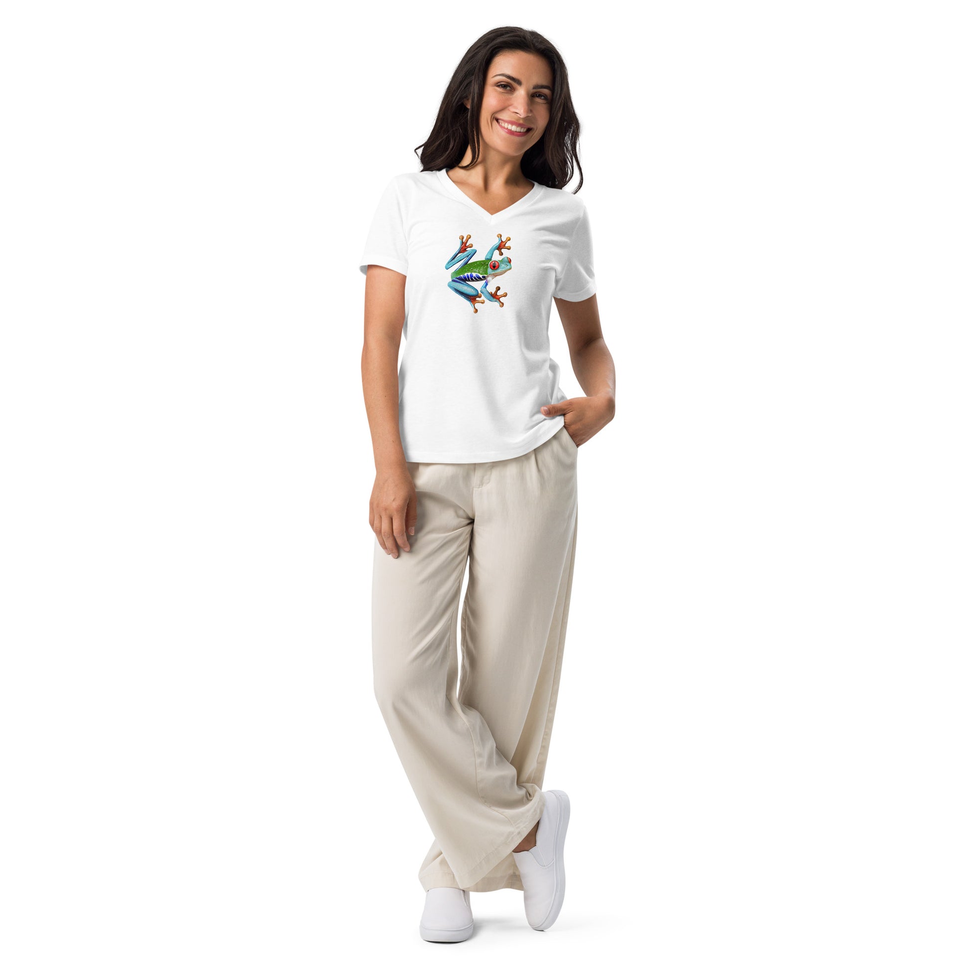 Female model wearing the v-neck anura Sigma womens relaxed t-shirt in white from the front.