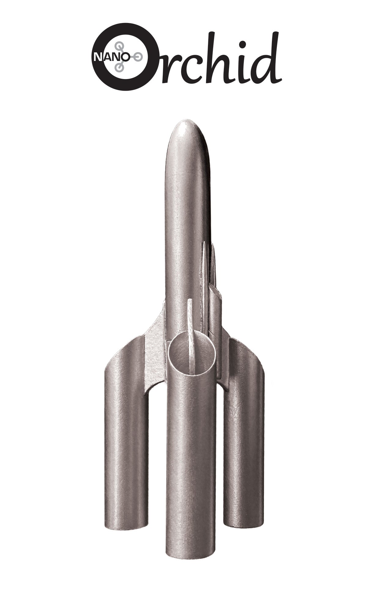 Nano Orchid model rocket painted in silver, shown on a white background.