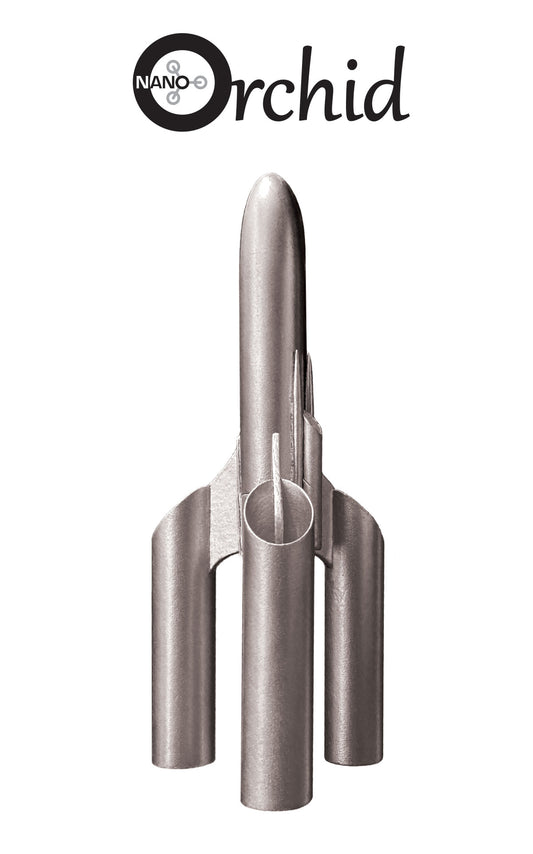 Nano Orchid model rocket painted in silver, shown on a white background.