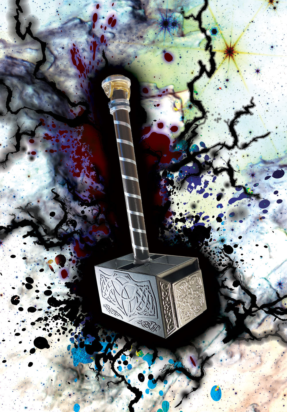 Mini Thor's Hammer (Mjolnfr) with an engraved silver head and a striped brown-and-silver handle, set against a Negative-Energy abstract background.