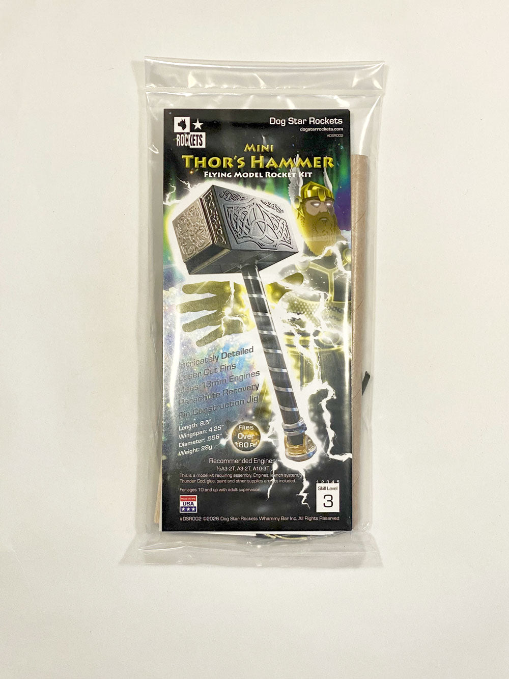 Mini Thor's Hammer retail package by Dog Star Rockets, against a white background.