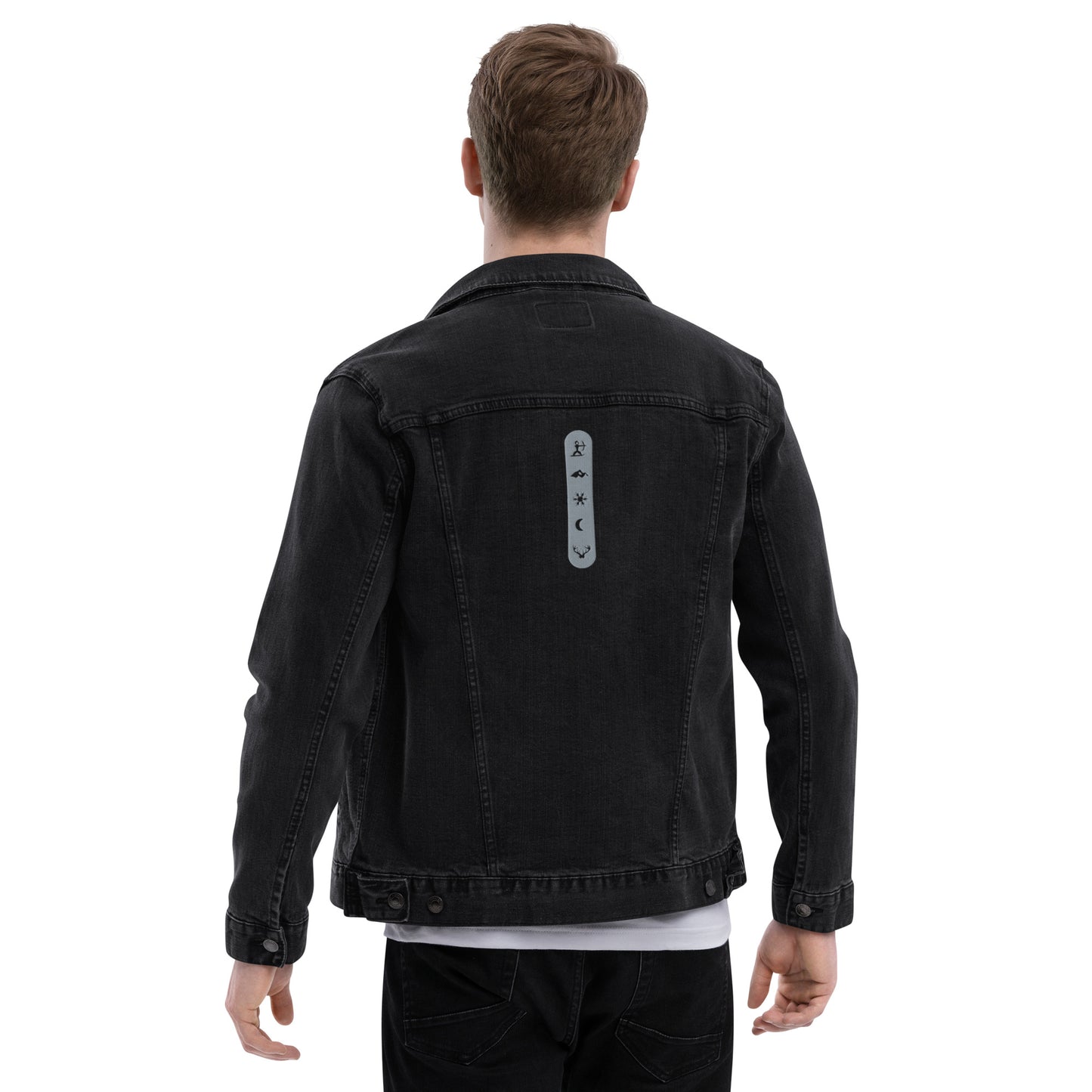 Model wearing House Ullr Unisex Denim Jacket from the back.