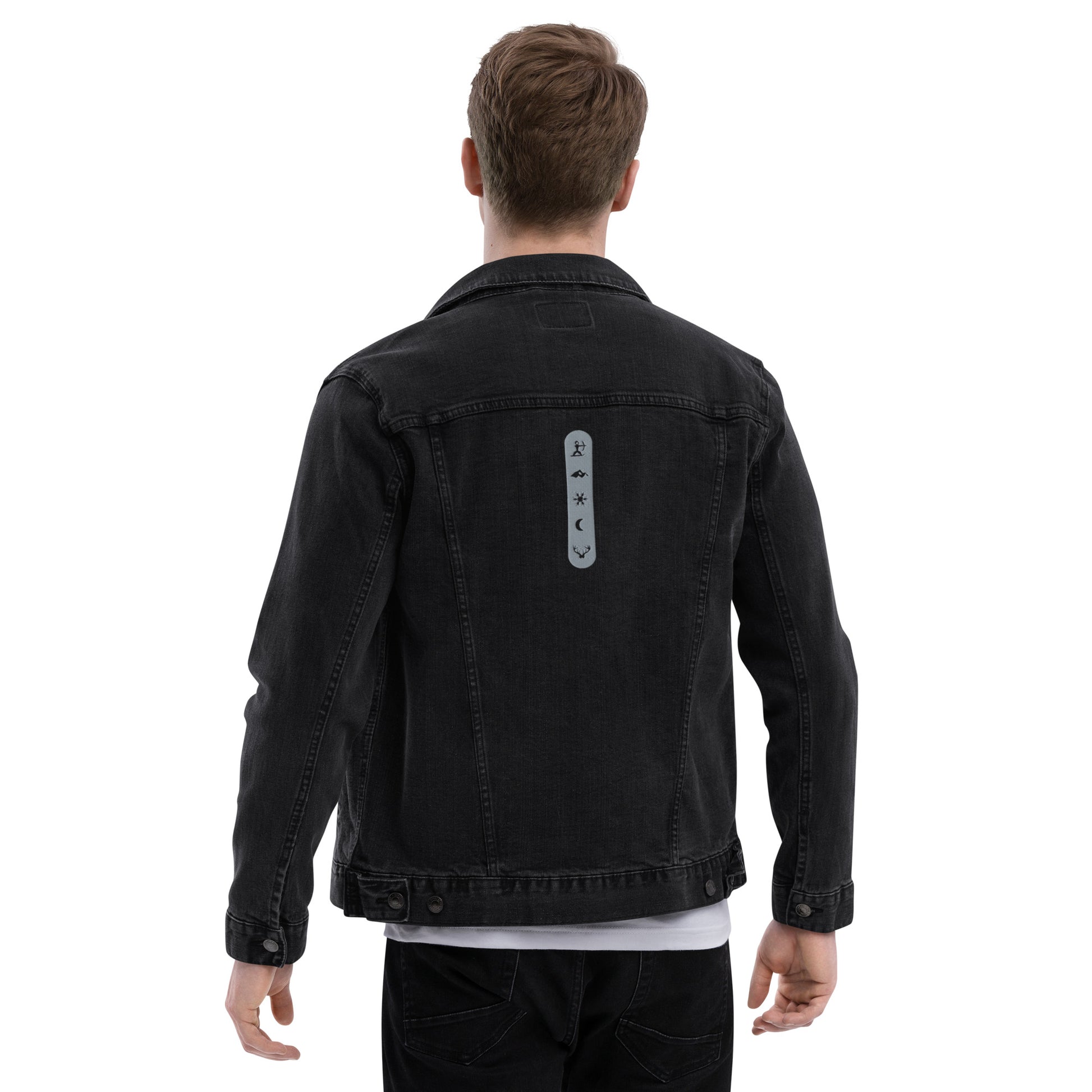 Model wearing House Ullr Unisex Denim Jacket from the back.