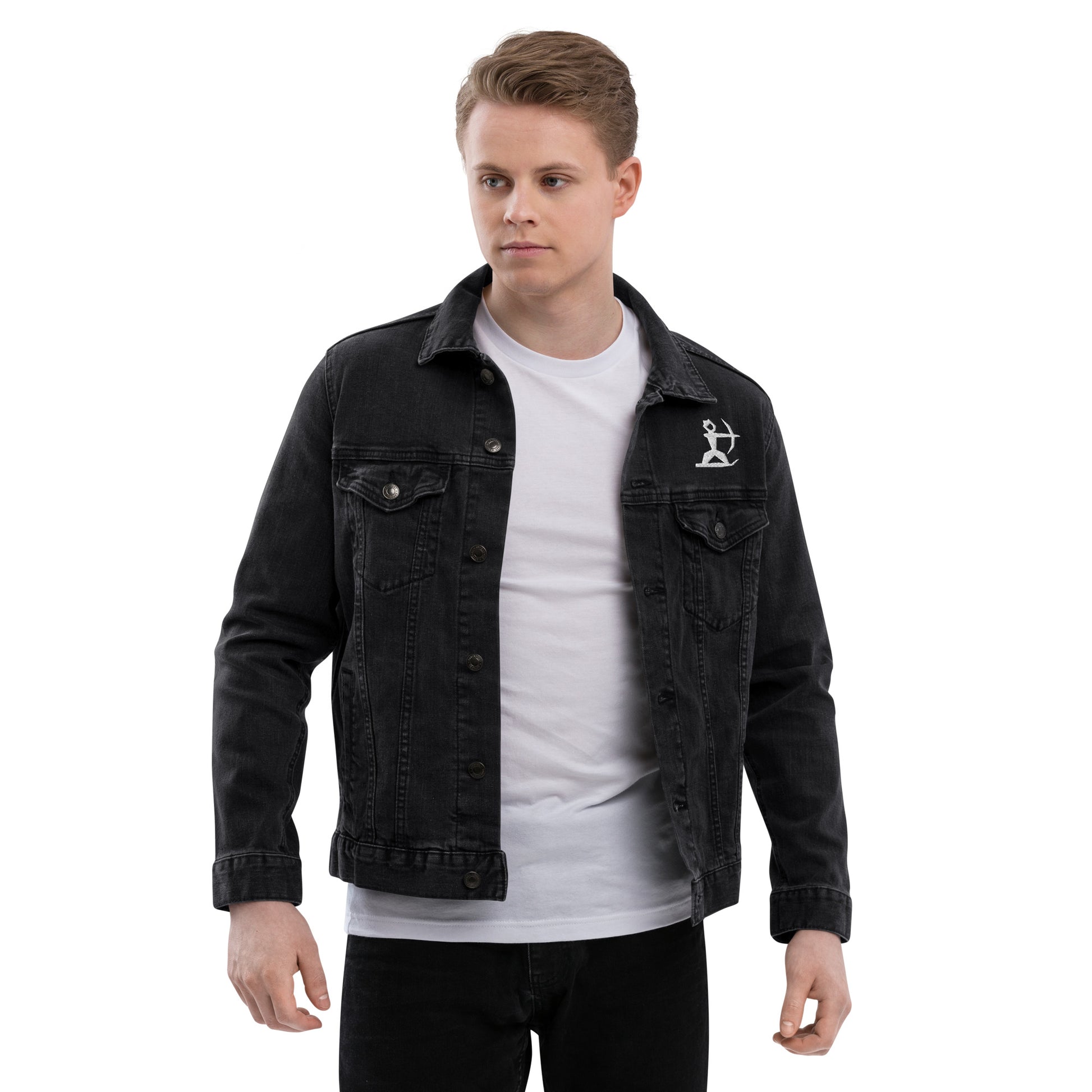 Model wearing House Ullr Unisex Denim Jacket from the front with arms out.