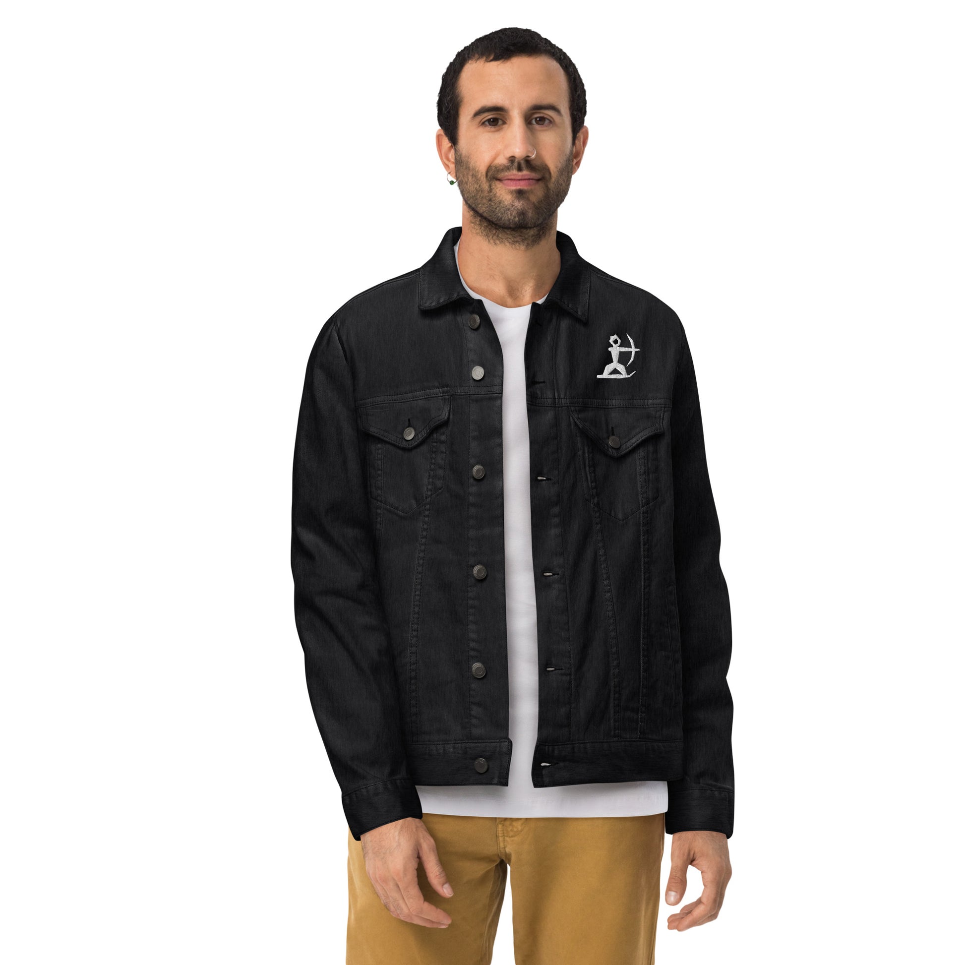 Slender Male Model wearing House Ullr Unisex Denim Jacket from the front in black Denim.