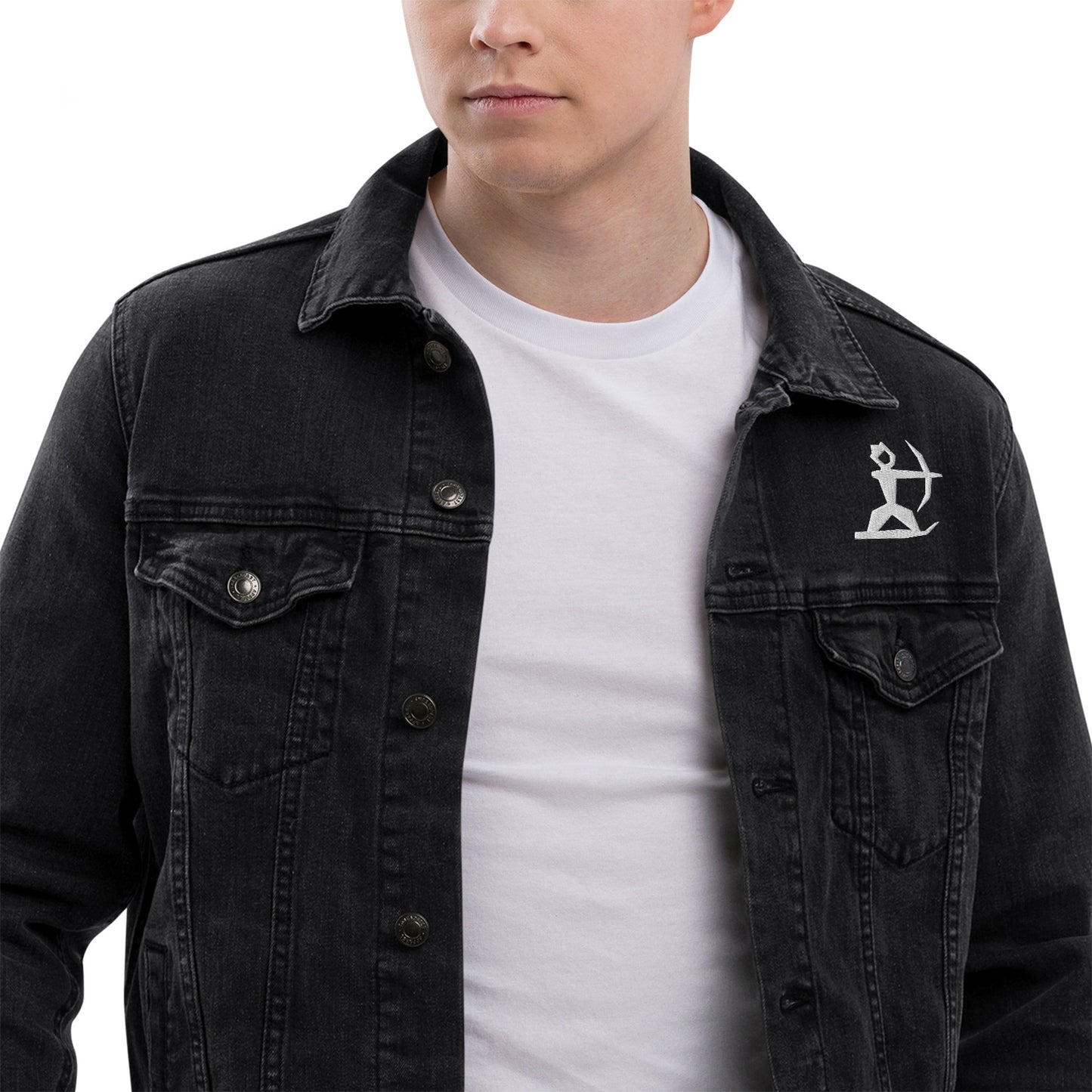 Close up of Model wearing House Ullr Unisex Denim Jacket from the front.
