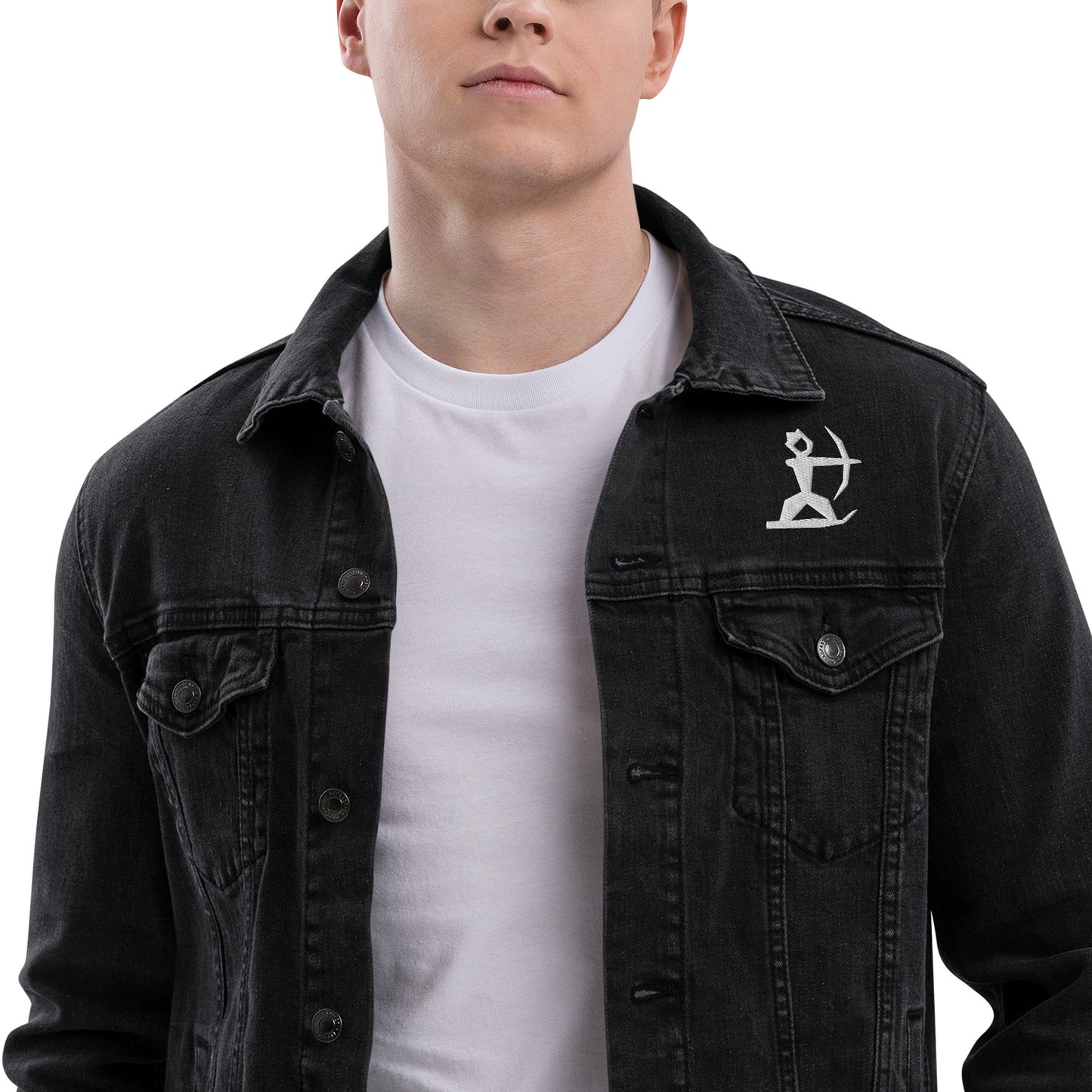 Close up of Model wearing House Ullr Unisex Denim Jacket from the front.