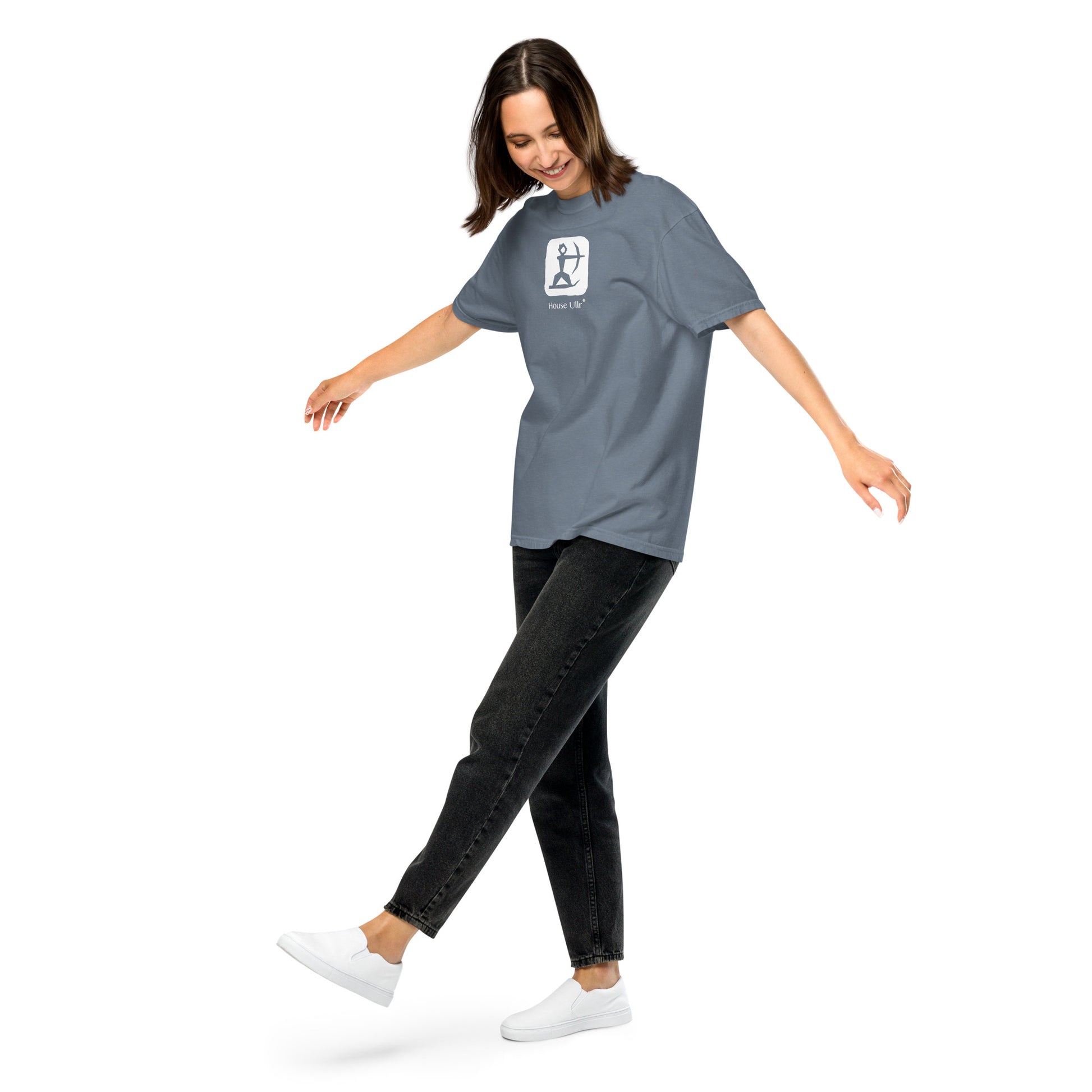 Woman Modeling the House Ullr graphic in white on a blue-jean color t-shirt from the front right. 
