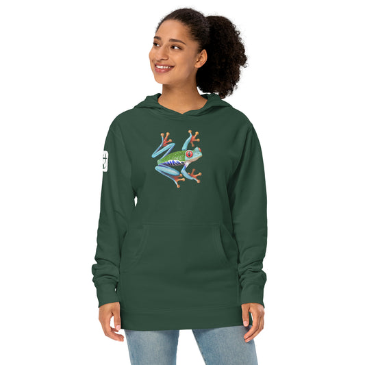 Female model wearing the Anura Sigma hoodie in green from the front.